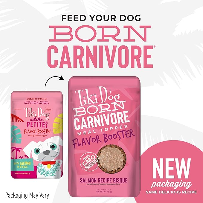 Tiki Dog Born Carnivore Flavor Booster, Salmon Recipe Bisque, Grain Free Meat Based Treat, Meal Topper for All Dog Breeds and All Life Stages, 1.5 oz. Pouch, 12 Count
