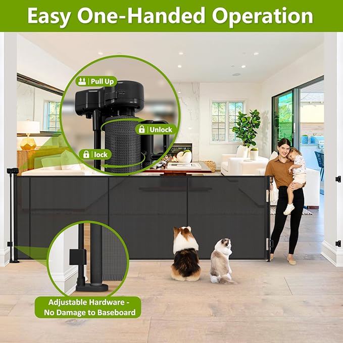 Reinforced 42" Tall x 195" Extra Long Baby Gates for Large Openings, Tall Retractable Baby Gates Extra Wide Dog Gate with Support Rods - Prevent Crawling Under, Indoor/Outdoor Retractable Fence, Black