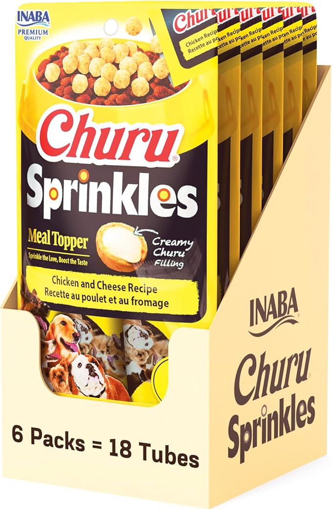 INABA Churu Sprinkles for Dog, Soft & Chewy Churu Filled Dog Meal Toppers with Vitamin E and Green Tea Extract, 1.05 oz. per Pack, 18 Packs Total, Chicken and Cheese Recipe