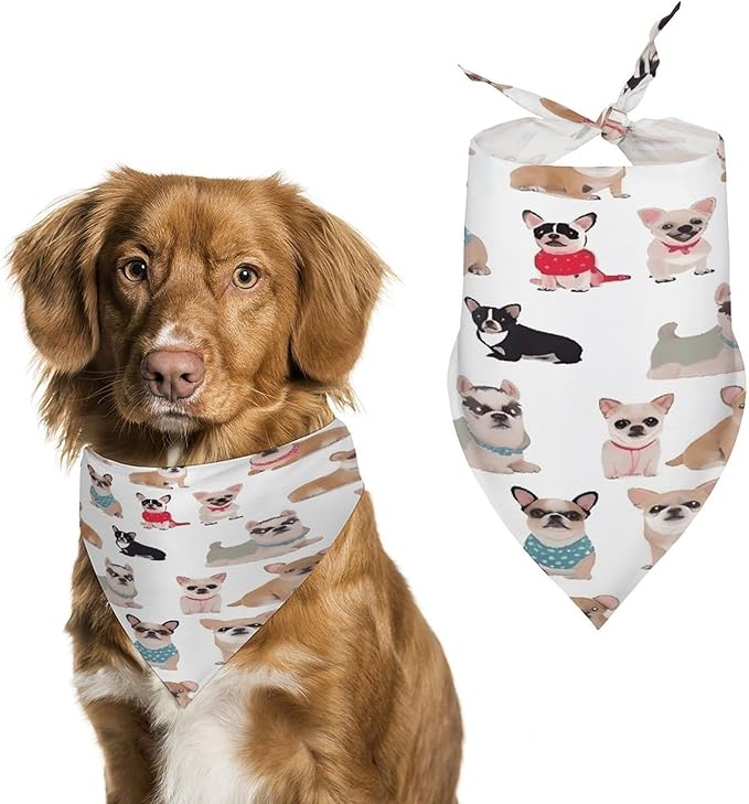 Dog Bandana Spring Pet Scarf Adjustable Triangle Cute Chihuahua Pug Pattern Printing Dog Bib Washable Polyester Puppy Bandana for Small Medium Large Dogs Cat Birthday Party Supplies