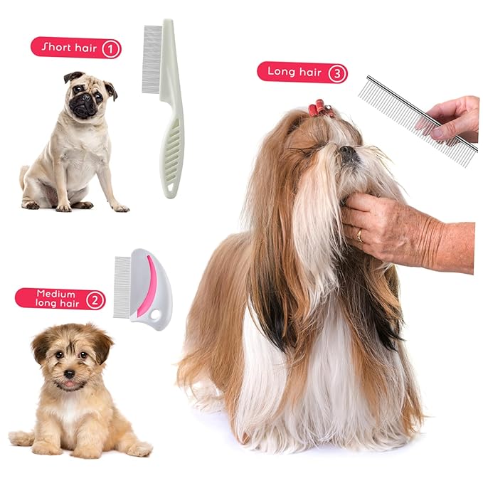 BESTonZON 3pcs Pets Grooming Set Stainless Steel Combs for Dogs and Cats Safe and Dematting Tools Ergonomic Design for Easy Grooming for Indoor Use