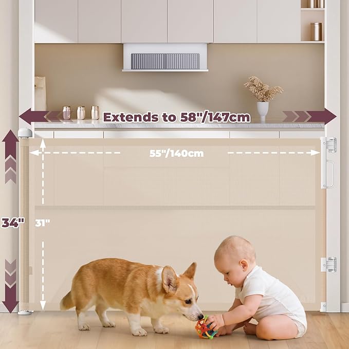 Retractable Baby Gates for Doorways, 58" Extra Wide Mesh Child Dog Gate for Stairs, 34" Tall Toddler Pet Gate Indoor and Outdoor, Easy Install, Essential for Home Safety, Beige
