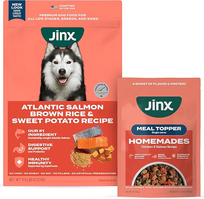 Jinx Dog Food Bundle - 11.5lb Salmon Dry Dog Food & 8-Pack Homemades Salmon & Chicken Wet Food Pouches (3-oz)