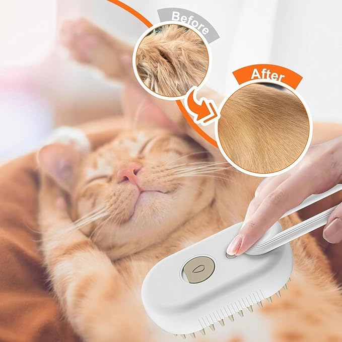 Pet Spritz Cat Defur Comb for Cats Dogs, 3-in-1 Self Cleaning Silicone Cat Steam Brush, Silicone Bristle Head 360° Rotating Pet Steam Brush (White)