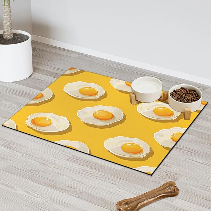 Cartoon Egg Dog Food Mat for Floors Absorbent Dog Bowl Mat for Food and Water Dispenser Quick Dry Cat Food Placemat Pet Supplies 17" x 30", Cute Fried Egg