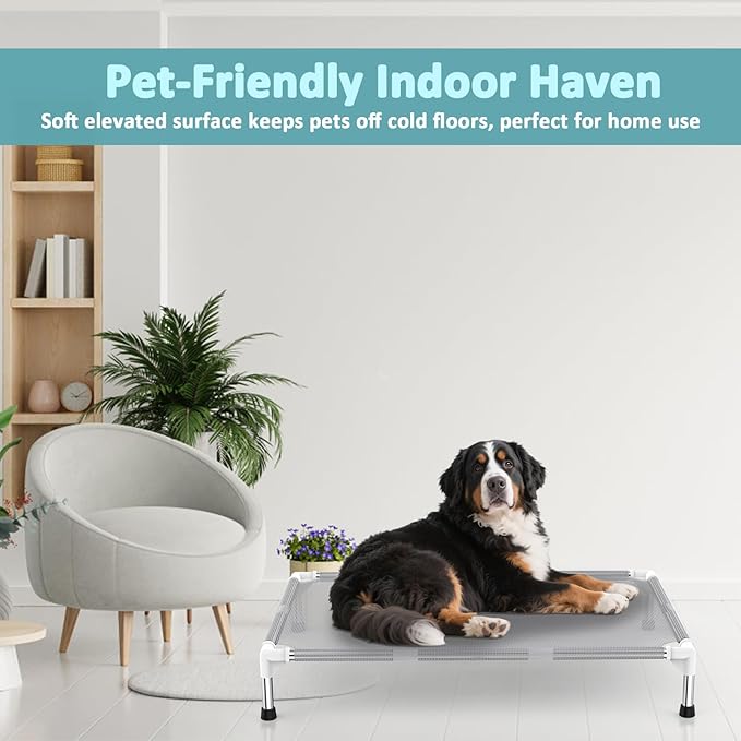 Elevated Dog Bed with Teslin Cooling Fabric - Lightweight Dog Cot for Large Dogs, Waterproof & Washable Breathable Mesh, Raised Pet Bed for Indoor Outdoor Use, Anti-Slip, Easy Clean