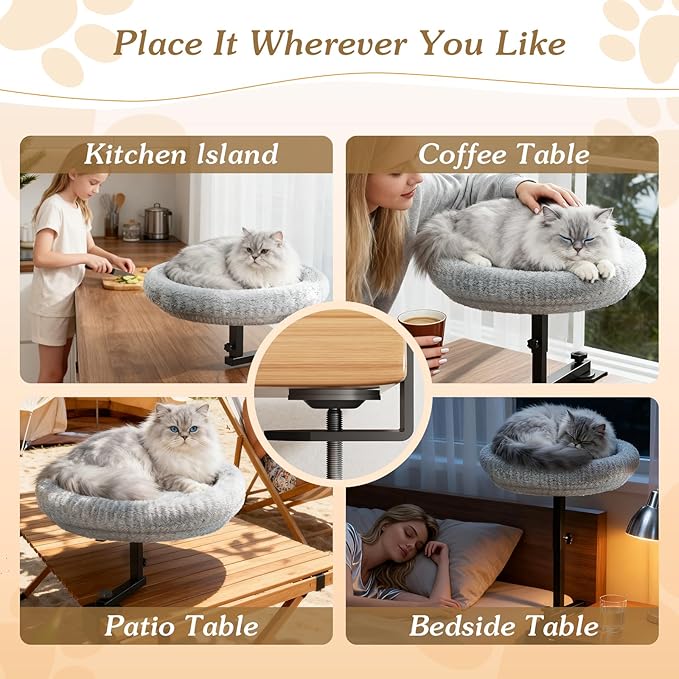 VERIFOST Cat Bed for Desk with Adjustable Height & 360 Rotation Elevated, Heavy-Duty Cat Desk Bed for Small Space, Soft & Comfortable Modern Unique Kitten Furniture, Indoor Cats Up to 60 lbs (Gray)