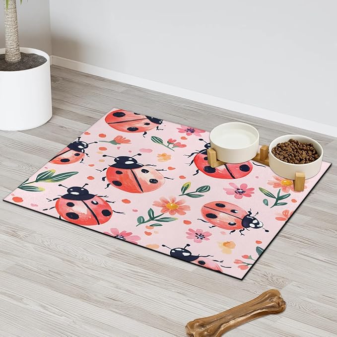 Red Ladybirds Dog Food Mat for Floors Absorbent, Quick Dry Water Dispenser Mat for Food, Water, Pet Supplies 24" x 32", Wildflowers