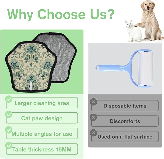 Green Floral Prints Electrostatic Pet Hair Removal Glove for Cats & Dogs - Reusable Grooming Mitt for Couch, Carpet, Car Seat & Laundry - Large 9x9 Inch