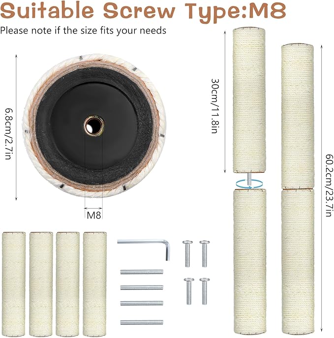 4 Pcs Cat Scratching Post Replacement 12in Cat Tree & Tower Scratch Pole Refill Parts with M8 Screws Sisal Rope Cat Furniture Protector
