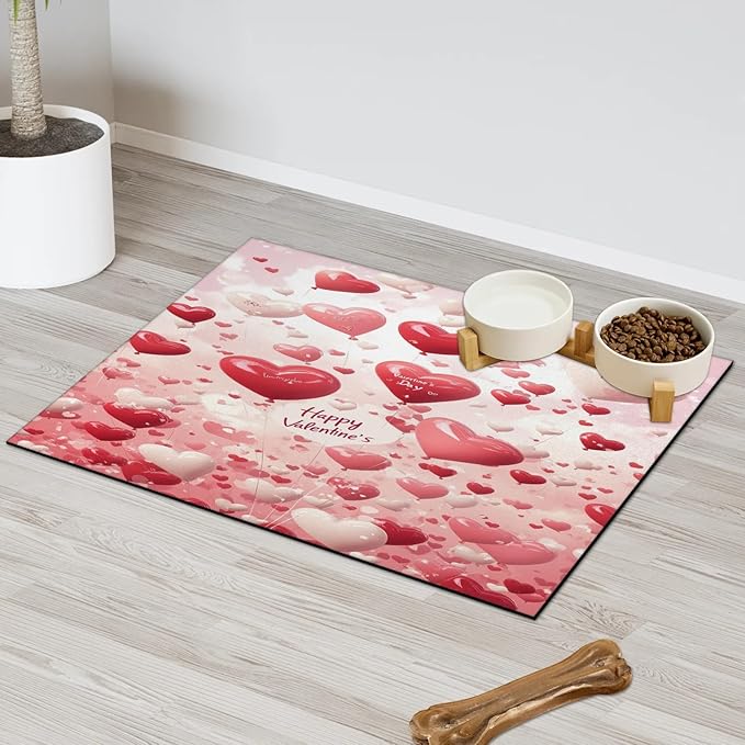 Happy Valentine's Dog Food Mat for Floors Absorbent, Quick Dry Water Dispenser Mat for Food, Water, Pet Supplies 24" x 32", Pink Love