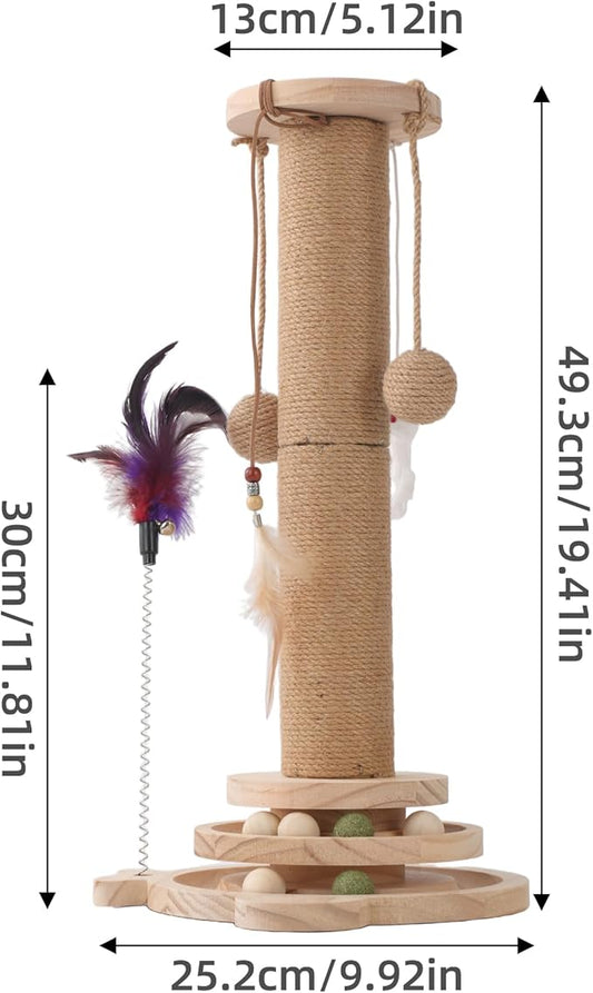Cat Scratching Post, 4 in 1 Wooden Cat Scratcher Toy, 17.7" Tall Scratch Post with 2 Level Cat Track Balls, Interactive Feather Toy and 2 Sisal Hanging Balls for Indoor Kittens, Adult Cats