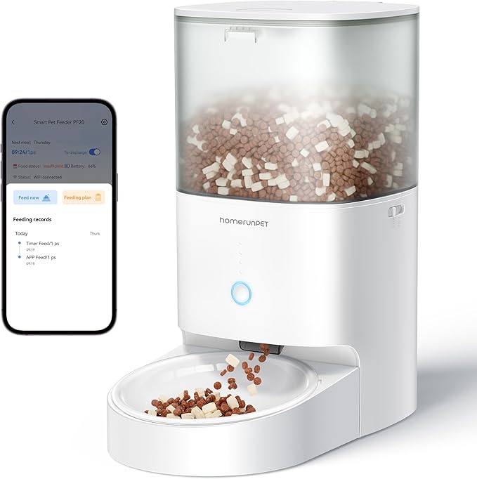 Homerunpet Smart Automatic Cat Feeder, No Jam Freeze Dried Safe, WiFi & Bluetooth App Control, 30-Day Freshness, 6L Timed Pet Feeder for Cats and Small Dogs (Pocelain Bowl)