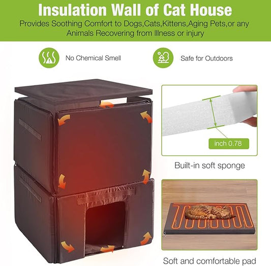 Gutinneen Heated Outdoor Cat House with Heating Pad & Insulated Liner Feral Kitty Shelter Ourdoor & Indoor Cat Cage with Waterproof Roof, 2 Large Side Doors