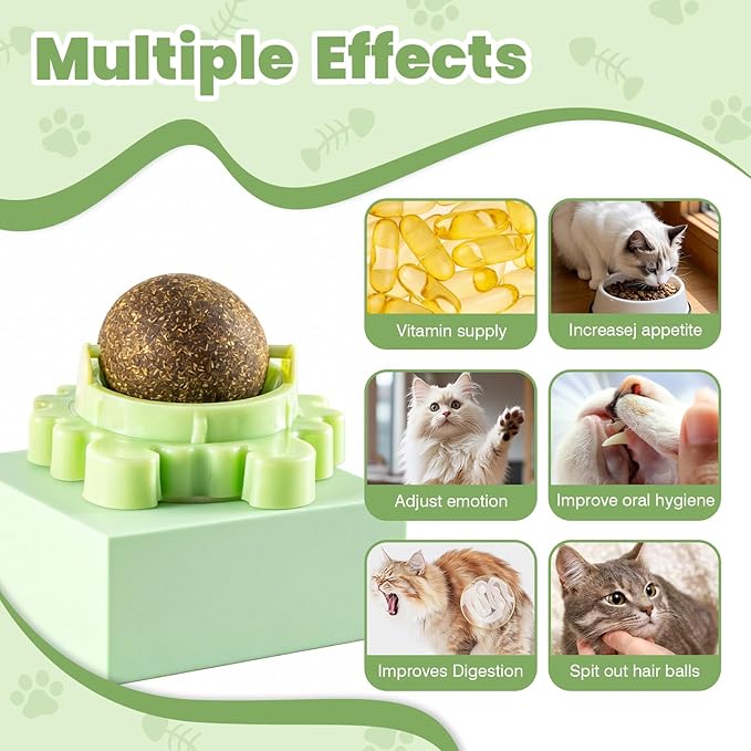 Catnip Balls for Cats - 4 Pack Wall-Mounted 360° Spinner Chew Toys, Freshens Teeth & Reduces Boredom, Natural Catnip Filled