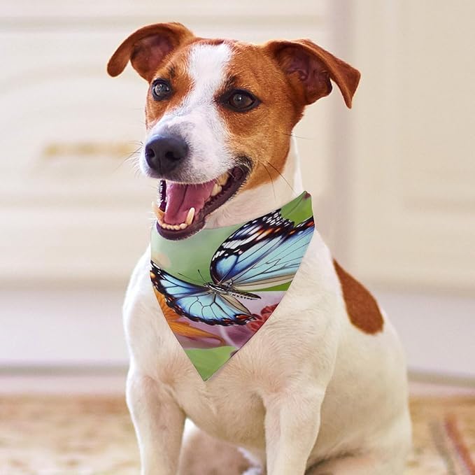 Dog Bandana Spring Pet Scarf Adjustable Triangle Flower Butterfly Printing Dog Bib Washable Polyester Puppy Bandana for Small Medium Large Dogs Cat Birthday Party Supplies
