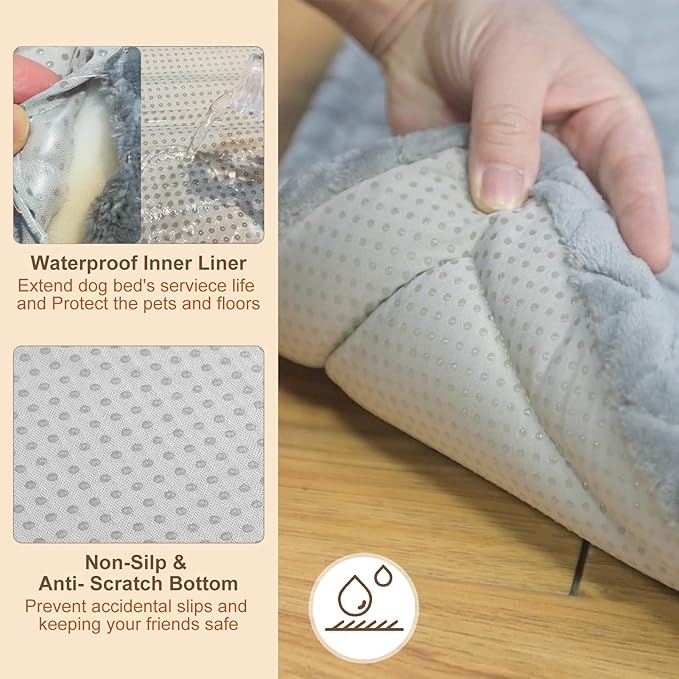 BEAUTYZOO Dog Bed Crate Mat Washable, Dog Kennel Pad for Small Dogs, Anti-Slip Soft Fluffy Puppy Sleeping Mattress for Cages, Durable Cozy Pet Travel Car Bed 24 x 18 Inch, Gray Wheat