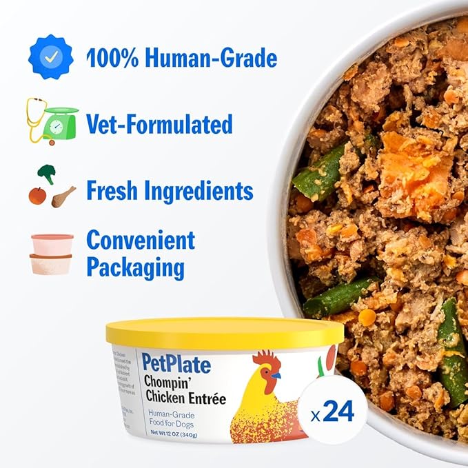 PetPlate Human-Grade Fresh Dog Food, Chompin’ Chicken Entrée – Wet Dog Food for All Breeds – High-Protein, Natural – 12-oz Cups, Case of 24