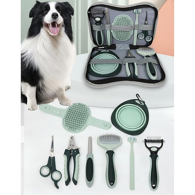 Grooming Brush Kit 8pcs for Shedding Matted Fur Self-Cleaning with Cat Dog Grooming Scissors Flea Comb Pet Grooming and Comb Bath Brush for Indoor Long-Haired Cats