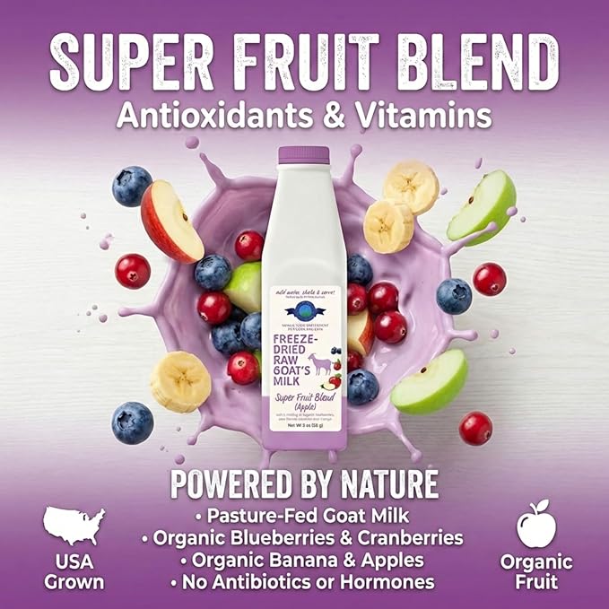 Shepherd Boy Farms Freeze Dried Raw Goats Milk with Probiotics for Dogs & Cats (Super Fruits), Organic USA Fruit, Digestible Goat Milk Powder, Raw Nutrition, High Protein Food Toppers - Makes 32 FL OZ