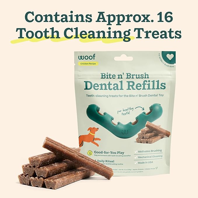 WOOF - Bite n' Brush Refills for The Dog Toothbrush Toy - Scrub Plaque and Tartar from Your Dog's Teeth and Mouth - Dog Dental Chew Toy Treats - Approximately 16 Refills - Chicken - 2 Pack
