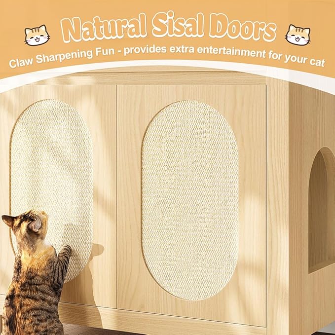 Cat Litter Box Enclosure Furniture, Hidden Litter Box Cabinet Cat House Side Table with Drawer & Sisal Scratch Pads, Wooden Pet Furniture for Living Room, Bedroom,Natural