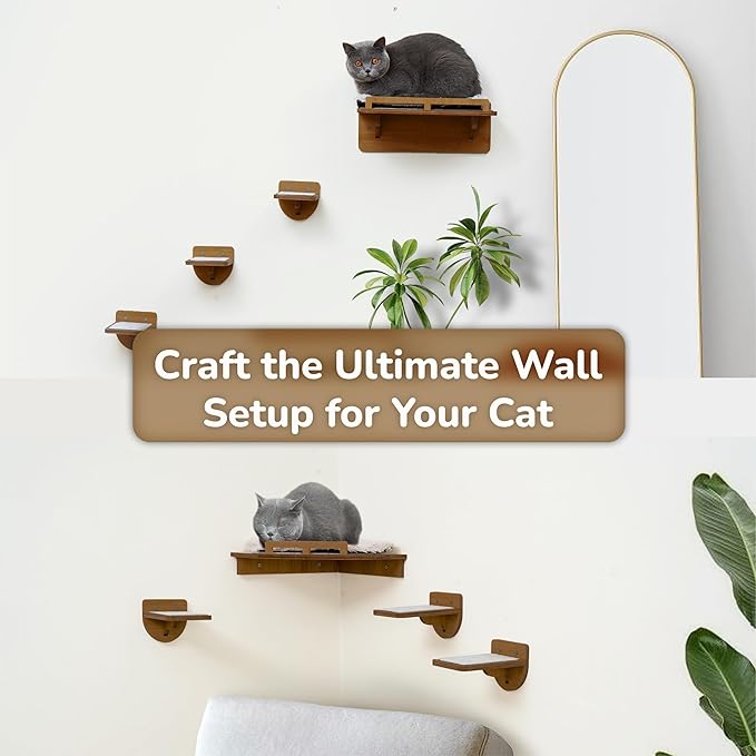 32LBS Capacity Cat Wall Steps for Indoor Cats Climbing, Set of 3 Cat Wall Climber System with Anti-Slip Scratching Pads, Wall-Mounted Steps for Various Shelves & Perches, Brown Wood