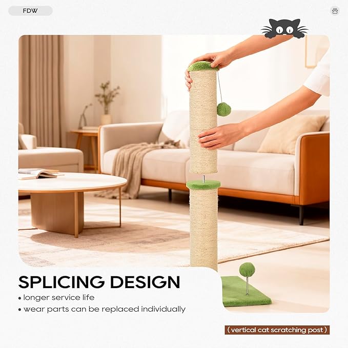 FDW 33 Inch Cat Scratching Post Cat Scratcher Natural Sisal Rope Scratch Post Trees with Hanging Ball for Indoor Cats and Adults,Green