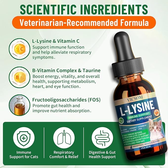 Cat L-lysine Supplement for Cats, Liquid Lysine for Cats - Immune Support Lysine Drops for Feline Respiratory, Sneezing, Runny Nose, Eye Function, Natural Strengthen Defenses, Chicken Flavor 60 ML