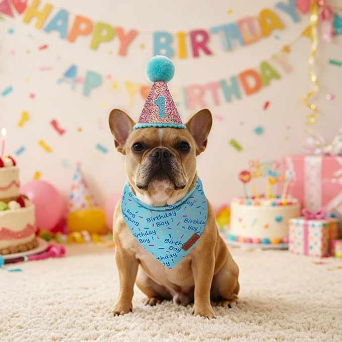 PTDECOR Dog Birthday Party Supplies, Blue Birthday Boy Bandana, Glitter Dog Birthday Hat with Numbers for Medium Large Dogs Pets (Large)