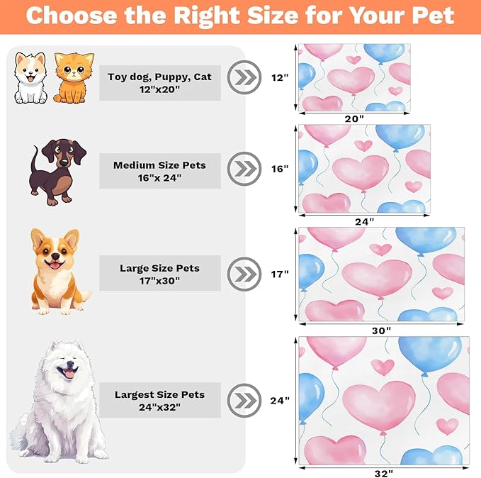 Valentine’s Day Dog Food Mat for Floors Absorbent, Quick Dry Water Dispenser Mat for Food, Water, Pet Supplies 12" x 20", Love Heart Balloons