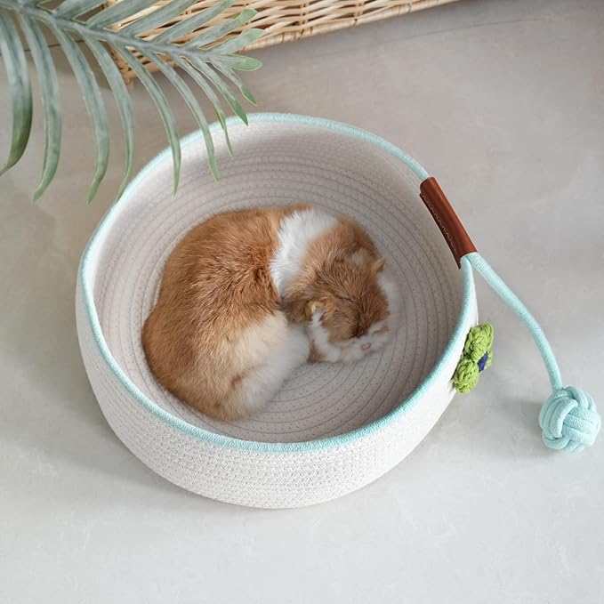 Natural Cat Bed Cotton Rope Woven for All Seasons Cat Nest Basket Washable,Cute Green Flower Decor,Cozy Kitten Mat Scratcher Round Shape for Indoor(White)