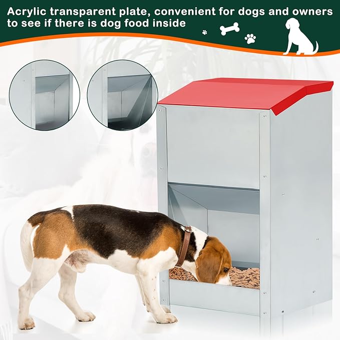 2 Pcs 40 Lbs Large Automatic Dog Feeders with Handle Acrylic Panel Galvanized Gravity Feeder Outdoor Hanging for Doggie Breed Dog Food Dispenser Container (Red, No Wheels)