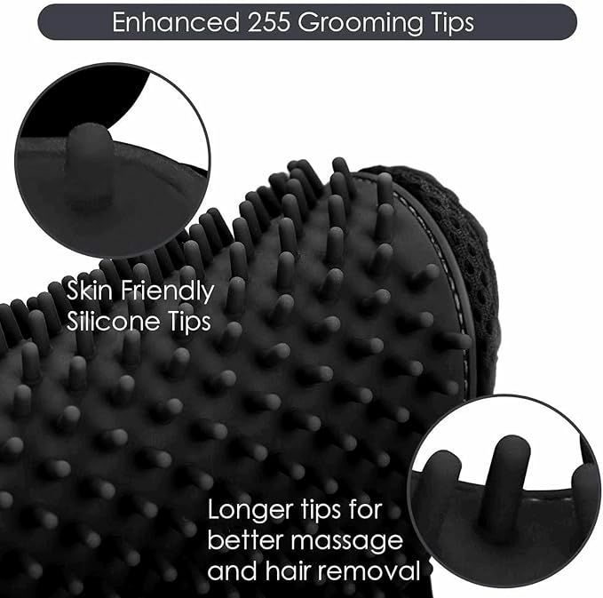 Premium Pet Grooming Gloves, Silicone Massage Brush for Dogs and Cats, Adjustable Size 9.13x6.77 Inch, Hair Removal and Bathing Tool (Black)