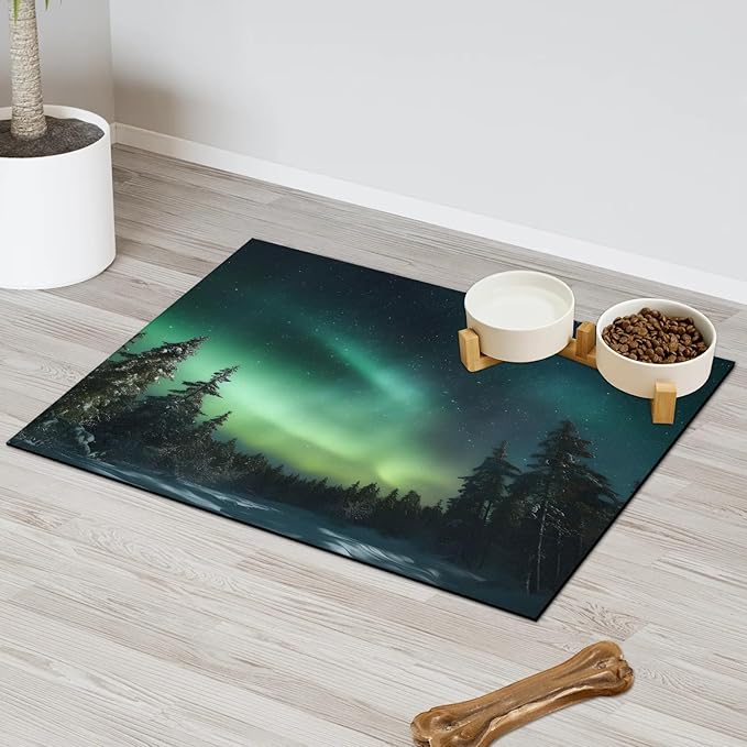 Northern Light Dog Food Mat for Floors Absorbent, Quick Dry Water Dispenser Mat for Food, Water, Pet Supplies 24" x 32", Aurora Forests