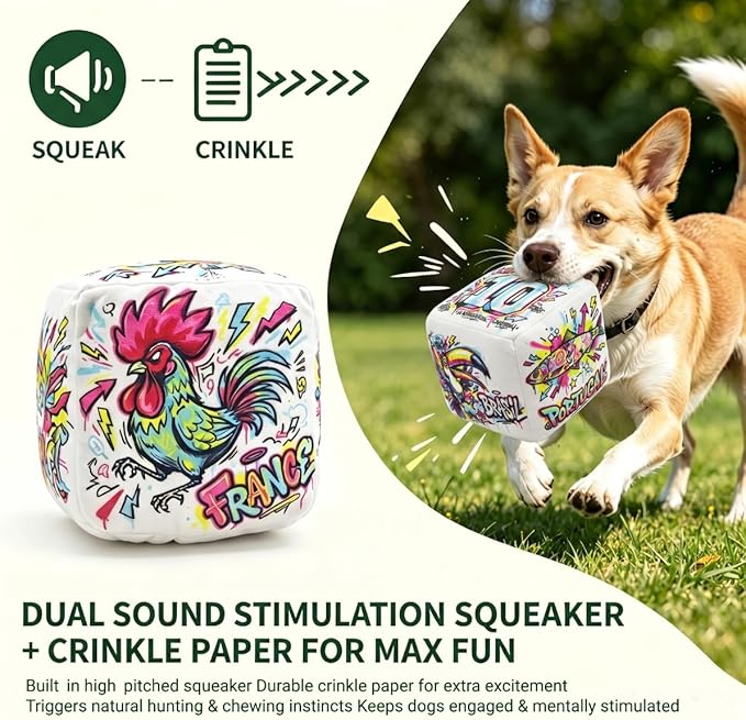 Street-art Soccer Toss Dice Dog Toy, Interactive Plush Cube with Squeaker Crinkle paper, Irregular Bounce Interactive Indoor Toy, 6-Sided Squeaky Prediction Dice,Match Day Companion Pet Supply