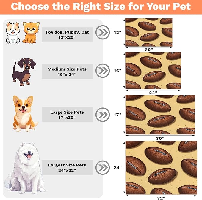 Rugby Dog Food Mat for Floors Absorbent, Quick Dry Water Dispenser Mat for Food, Water, Pet Supplies 24" x 32", American Football Sport