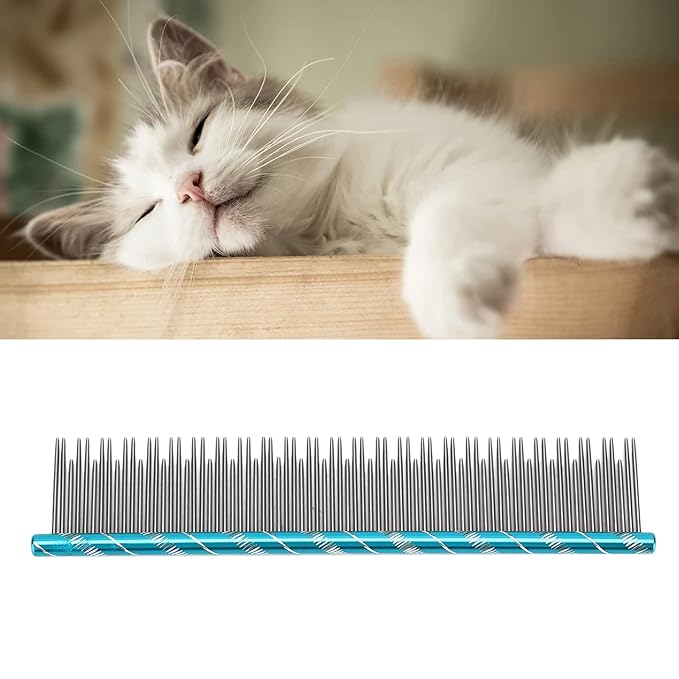 Pet Hair Removal Comb Stainless Steel Cat Grooming Tool, Durable Reusable, Dual Density Teeth, Gentle Skin Massage, Suitable for All Cat Breeds (Blue)