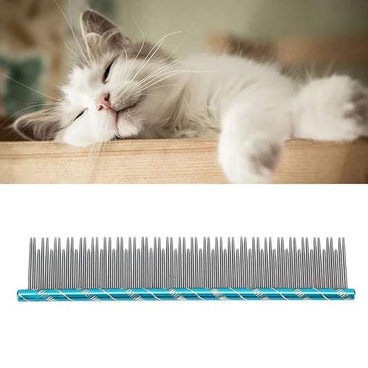 Pet Hair Removal Comb with Stainless Steel Teeth, Durable Cat Grooming Tool, 6.3 Inch Comfortable Non Slip Handle - Reusable Design, Open Knot Comb for Long and Short Haired Cats (Blue)