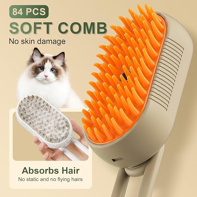 4 in 1 Cat Steam Brush for Shedding, Cat Brush with Steam, Pet Groomer Comb for Massage, Cleaning, Shedding & Combing, Hair Removal Comb for Cats Dogs (Khaki, For long hair)