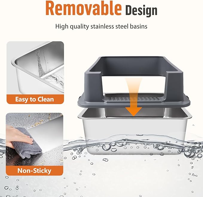 Extra Large Stainless Steel Litter Box, XXXL 27.6" H x 19.7" W x 11.8" H Metal High Sided Cat Litter Box with Scoop, Leak-Proof, Easy Clean for Big Cats/Multiple Cats (Dark Grey)