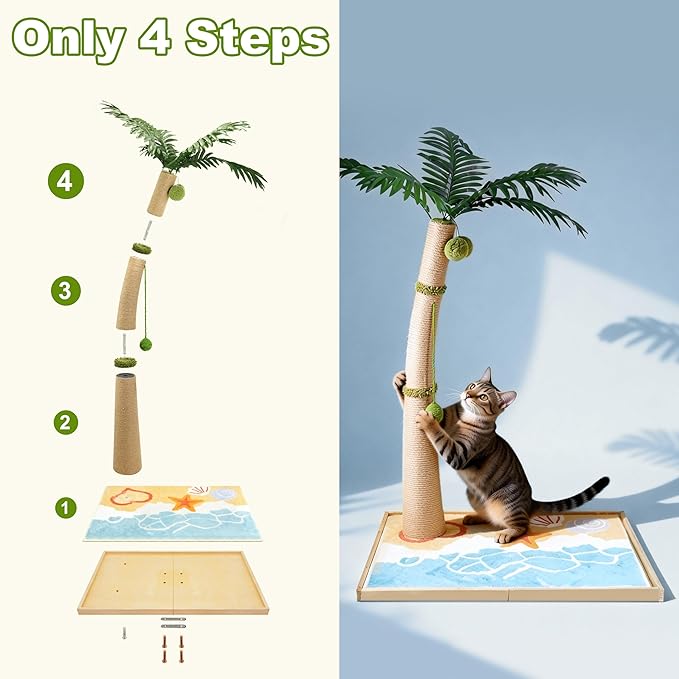 Palm Tree Cat Scratching Post, 43" Tall Carpet Cat Scratcher with Perch for Indoor Cats, Large Base Sisal Scratch Post for Adults & Kittens with Dangling Ball Toy
