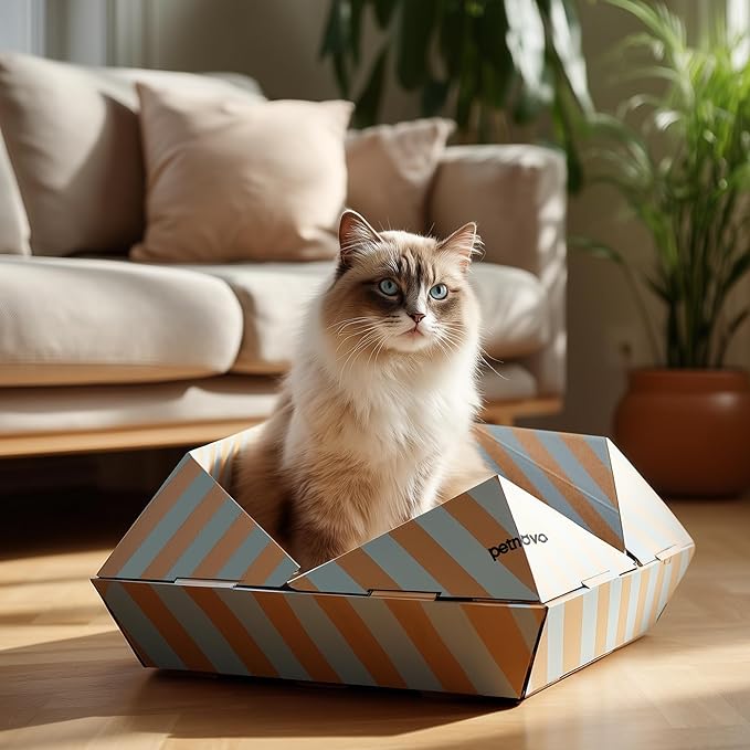PETNOVO Foldable Cat Bed & House for Travel – Origami Cardboard Cat House with Built-in Honeycomb Scratcher Pad, No-Tools Assembly, FSC-Certified Recyclable, Grey, 18.5" L x 18.5" W x 11.8" H