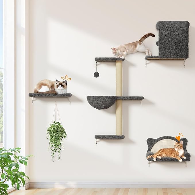 5-in-1 Cat Wall Shelves, Solid Wood & Velvet Wall Mounted Cat Furniture with Sisal Scratching Post, Holds Up to 44lbs, Fits Drywall & Solid Walls - Dark Gray