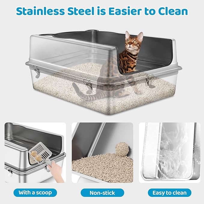 Extra Large Stainless Steel Cat Litter Box, 27.5" L x 19.7" W x 12" H XXXL Semi Enclosed Removable Metal Litter Tray with High Sided Enclosure, Scoop, Anti-Leakage, Non-Sticky, Easy Cleaning