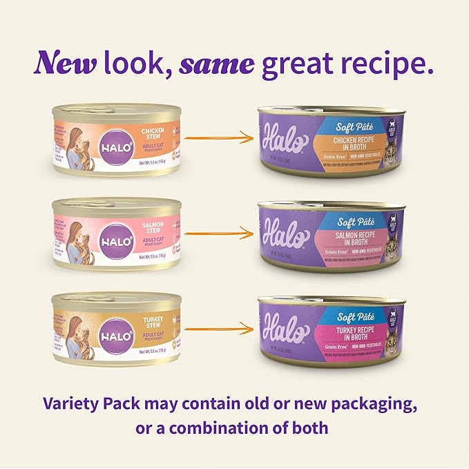 Halo Wet Cat Food Variety Pack, Grain Free Three Canned Wet Cat Pate, Chicken Stew, Salmon Stew & Turkey Stew, 5.5 Oz Can (Pack of 12)