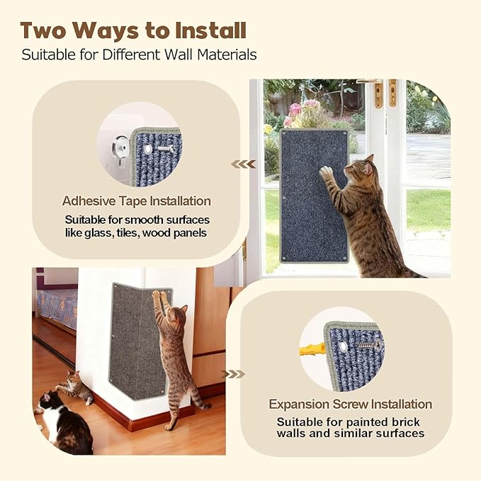 Corner Cat Scratcher & Wall Cat Scratcher - Double-Sided Usable Thick Carpet Pad, Edge-Wrapped Design for Durability, 2 Installation Ways - Indoor Cat Scratching Post for Furniture & Wall Protection