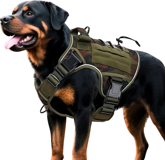 Heavy-Duty Tactical Dog Harness for Large Dogs, No Pull Adjustable Reflective Pet Vest with Molle System, K9 Military-Grade Control for Service Training, Outdoor & 10+ Breeds, Green Camo, X-Large