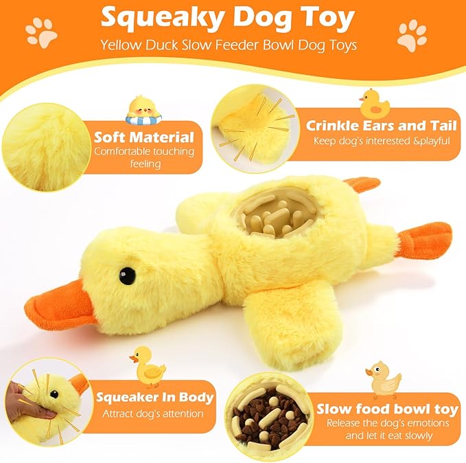 Yellow Duck Plush Dog Toys with Squeaks, Food Hiding Function & Interactive Play - Durable & Fun for Large, Medium & Small Dogs