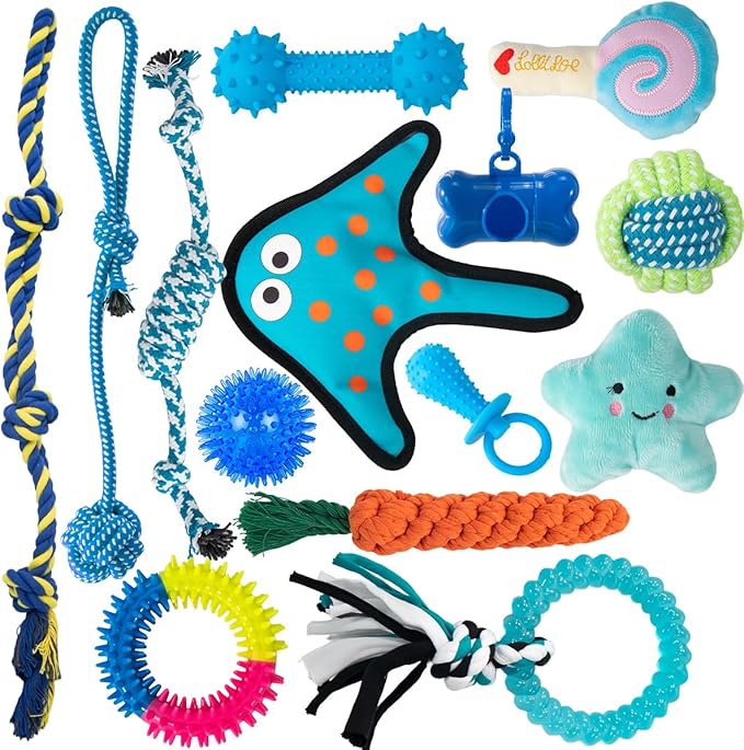 Puppy Chew Toys for Teething- 14pcs Interactive Pet Toy Set for Small Breed with Squeaky Rope Ball Toys - Birthday Gifts for Dogs
